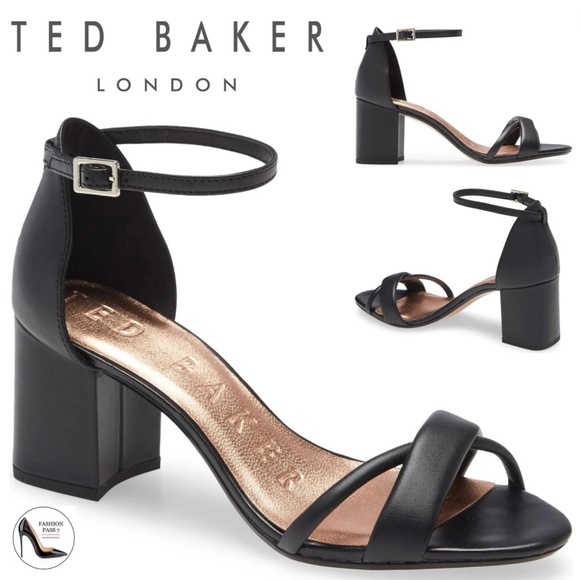 Ted Baker Sheaha Ankle Strap Heels Black Leather Sandals 9.5 Block Heel Pumps 40 - Picture 1 of 12